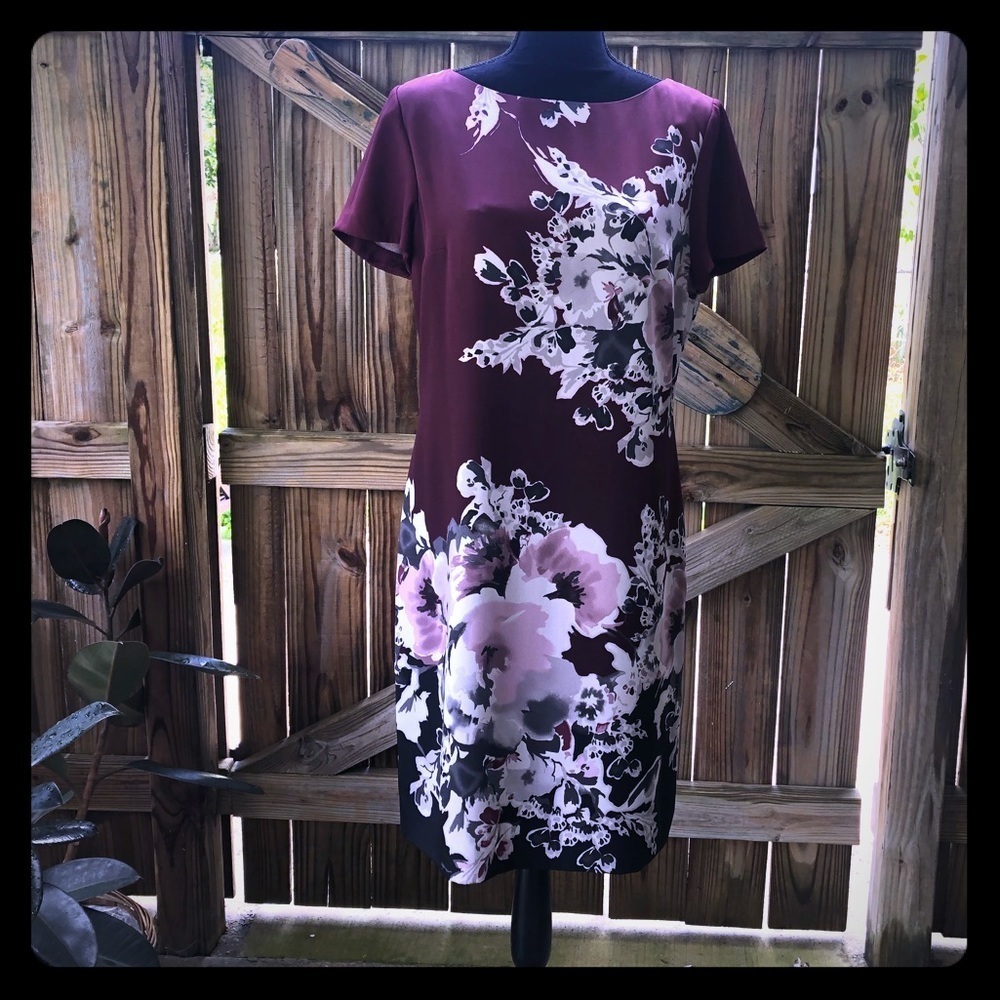 Anne Klein Burgundy Floral Silk Sheath Dress 8